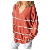 Daznico Womens Tops Ženska modna pruga Print V-izrez Duge dugih rukava Ležerne prilike labavih ispisnih bluza vrhova Bluze za žene crvene s