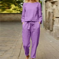 Ženska pamučna posteljina odjeća za uklanjanje dugih rukava mekani trenerke na vrhu vrata Ležerne prilike pune boje Elegantni salon setovi labave odjeće za dame široke pantalone za noge, purple xxl