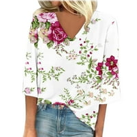 Zkozptok Ženski vrhovi i bluze Ležerne prilike cvjetne tiskane majice V-izrez 3 4Sleeve dukseri, bijeli,