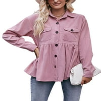 Ženska labava bluza Corduroy majica s dugim rukavima obične čvrste boje sa džepom ružičastim m