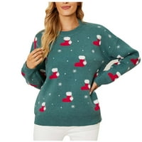 Ženska plus veličina Ženska okrugla vrat Božićni ispis Rekreativni pulover Pleteti džemper dugi rukavi zeleni