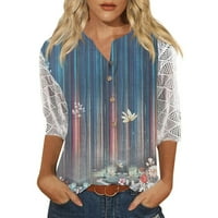 APEPAL ženske majice s rukavima V izrez Henley radne vrhove čipke patchwork bluze plavi 5xl