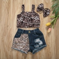 Douhoow Kids Girls Ljeto 2-komadni set Leopard bez rukava bez rukava Plute plavi traper kratke hlače