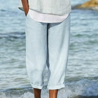 Fartey gromobrani danas ženske pamučne posteljine kapri hlače elastične visoke struk sobe na plaži na plaži, casual džepovi pune boje prozračne pantalone za odmor
