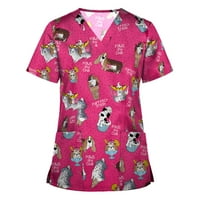 Cleance Ženski bluze Dressy kratki rukav Ženska bluza Radni odjeća Grafički printira Modni bluze V-izrez, Hot Pink, XXL