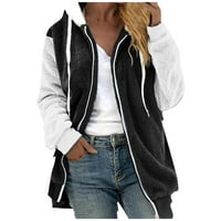 MLQIDK Womens Winter Fuzzy Fleece jakne s kapuljačom Blok za patchwork kardigan premaza prevelika fluffy sherpa gornja odjeća s džepovima crna s