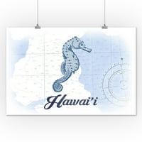 Havaji - Seahorse - Plava - Obalna ikona - Lintna Press Artwork