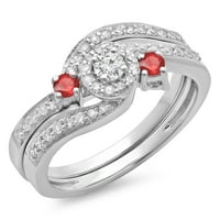 Dazzlingock kolekcija 14k okrugli rubin i bijeli dijamantni vrtložni vrtnik Bridal Halo Angažman set prstena, bijelo zlato, veličine 5