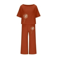 Ženske boho set ljeto pamučne posteljine posteljine casual cvjetni ispis kratkih rukava širine hlače na narandžastoj boji