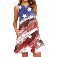 4. jula Američka zastava Print plaže za žene za žene Dan neovisnosti bez rukava okrugli izrez Dress Haljina labava tabla kratka mini haljina sa džepovima crvena m