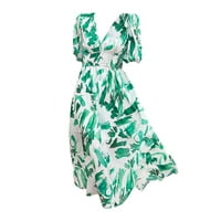 IOPQO Ženske oblače ljetne haljine Ljetni europski i američki haljina temperament struka V izrez od tiskane duge haljine ljetna haljina zelena s