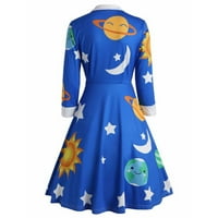 Haljina za žene, ženska vintage Peter Pan ovratnik planeta ispis a-line bljeskalice haljina plava 5xl