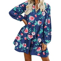 Haljine za žene Žene Ljetne casual haljina V-izrez cvjetni printlong rukav dress dress plave l