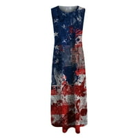 Ženska kratki rukav V-izrez Maxi haljina američka zastava tiskane casual duge haljine zvijezde Stripes