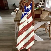 Dyegold sandresses za ženska ležerna plaža - Ženske maxi haljine V izrez bez rukava Američka zastava Patriotske špagete remen labavo duge havajske zabave