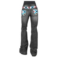 Huaai Women Retro Geometrijski uzorak Ispis ispisane džepove traperice pantalone plus veličine Hlače