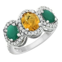 14k bijeli zlatni prirodni viski kljuski i kabochon smaragd 3-kameni prsten ovalni dijamant akcent, veličina 5.5