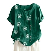 Majica kratkih rukava pamučna i posteljina labava ženska majica s majicom Ljetna tunika Crewneck vrhovi ležerni elegantni bandelion Print Green XL