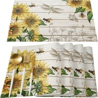 Queen Površina MATS set tkanina za pranje Plecemats Retro Seoska kuća Suncokretači i medeni pčelinji