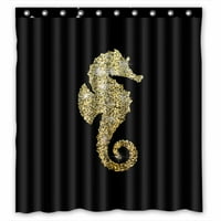 Glittery Golden Seahorse na crnom vodootpornoj poliesterijskoj tkanini tuš za tuširanje