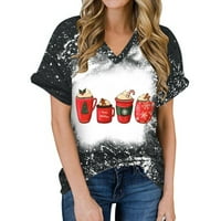 Rollbacks ženske božićne majice smiješno slatka xmas bleach grafički odmor V izrez kratkih rukava majica xmas bluzes crnac crna s