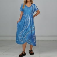 Bazyrey Maxi Summer Dresses za žensko čišćenje od tiskanih ženskih V-izrez casual s kratkim rukavima Maxi odmor ljetne haljine plave m