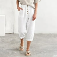 Obrezane hlače PIEVNM Ženska modna boja čvrsta boja Komfornični casual džep pamuk i posteljina Capris