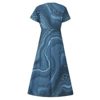 Ljetne haljine za žene kratki rukav tiskani casual midi haljina A-line V-izrez klupske haljine plave