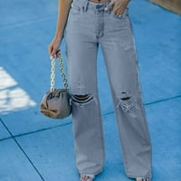 Ženska modna ulica visokog struka Trendsetere traper hlače V-struk ravno cijev lrgularni dizajn kopča,